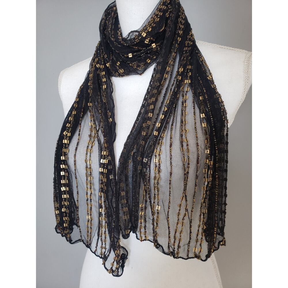 STUNNING Sterling Styles‎ Heavy Beaded Black Gold Mesh Scarf Vintage India